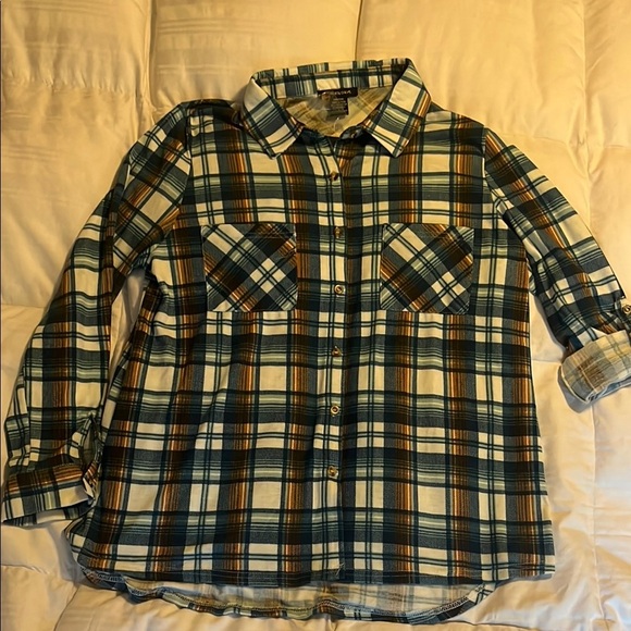 Blue and Brown Button Down Shirt with Classic Plaid Design - Picture 1 of 8
